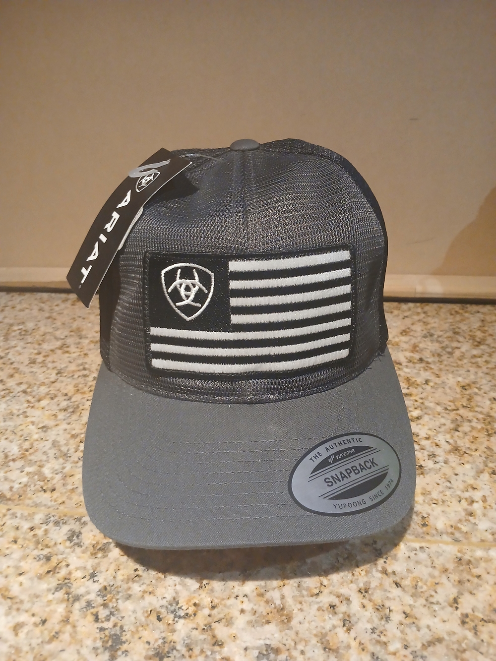 Ariat  Black Trucker Snapback Hat with Flag Patch